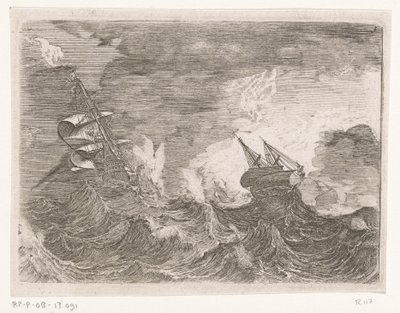 Cinco veleros en el mar durante una tormenta Barcos en tiempo tormentoso (título de la serie) de Johann Wilhelm Baur