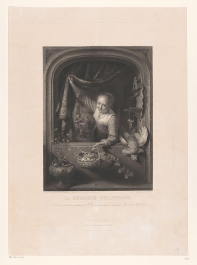 Mujer con canasta de frutas en la mano junto a la ventana La menagerè Hollandaise (título sobre objeto) de Johann Wilhelm Kaiser (I)