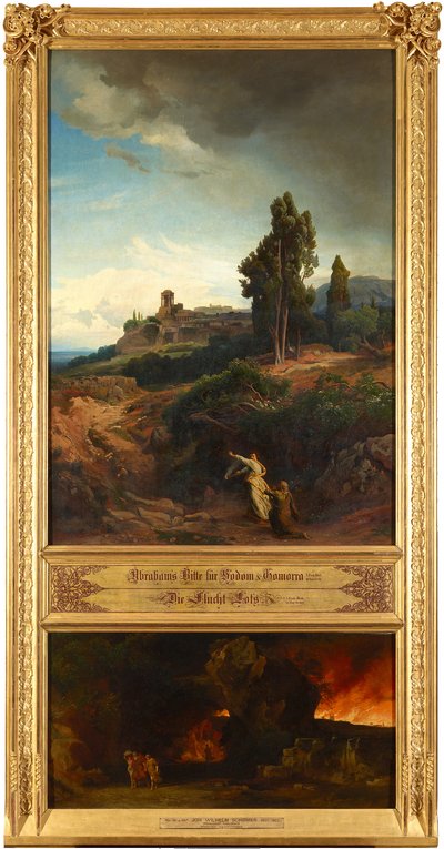 Abrahams Bitte für Sodom (oben). Die Flucht Lots (unten). Aus dem Zyklus "Zwölf biblische Landschaften mit der Geschichte Abrahams" de Johann Wilhelm Schirmer