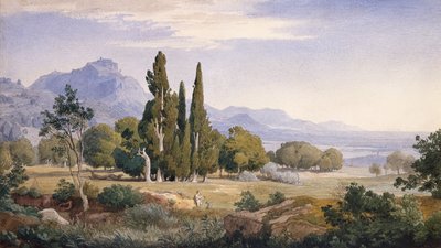 Un paisaje arcádico (lápiz y acuarela) de Johann Wilhelm Schirmer