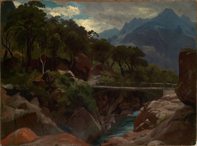 Río de montaña suizo con pasarela de Johann Wilhelm Schirmer
