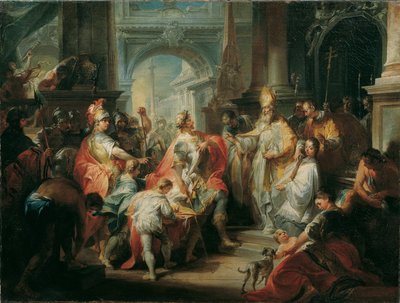 San Ambrosio niega la entrada del emperador Teodosio a la catedral de Milán de Johann Wolfgang Baumgartner