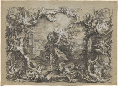 El ángel llevando a Habacuc por el cabello, rodeado por un elaborado marco rococó de Johann Wolfgang Baumgartner