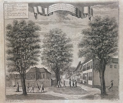 La iglesia portuguesa y casas chinas y europeas en una calle de Batavia, de una serie de vistas de Batavia 