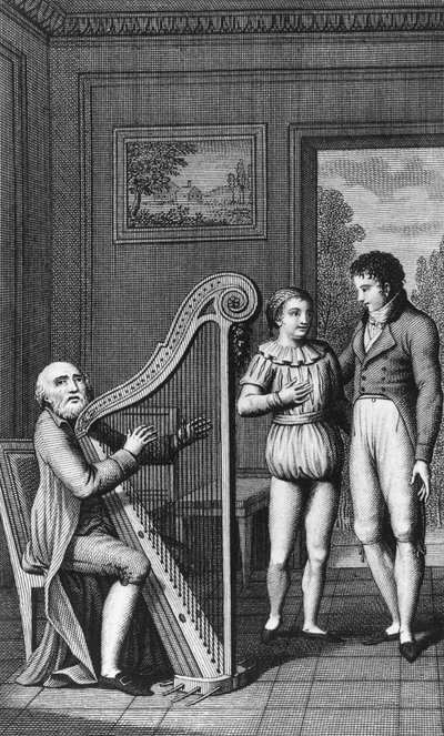 Arpista, Mignon y Wilhelm, frontispicio ilustrado de El aprendizaje de Wilhelm Meister, novela de Johann Wolfgang von Goethe (1749-1832), grabado de la edición publicada en 1802. de Johann Wolfgang von Goethe