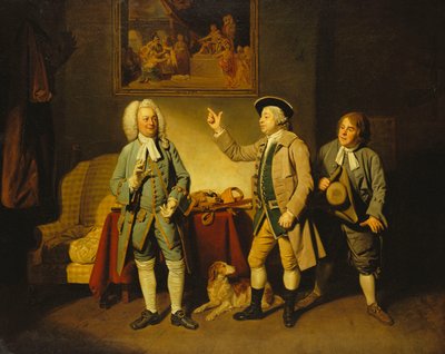 Una escena de "Love in a Village" de Isaac Bickerstaffe, Acto 1, Escena 2, con Edward Shuter como Justice Woodcock, John Beard como Hawthorn y John Dunstall como Hodge de Johan Joseph Zoffany