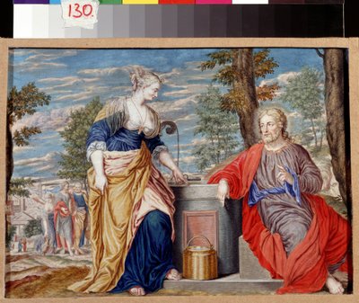 Cristo y la mujer samaritana en el pozo de Jacob. Cristo y la mujer samaritana en el pozo de Jacob. Pintura de Johannes Koenig (1586-1632/1635). Arte alemán, estilo barroco. Gouache sobre pergamino. Museo Pushkin de Bellas Artes, Moscú. de Johann or Hans Konig