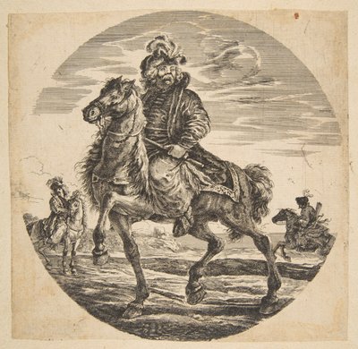 Jinete húngaro cabalgando hacia la izquierda, otros jinetes en el fondo, circular de Johanna Christina Küsel