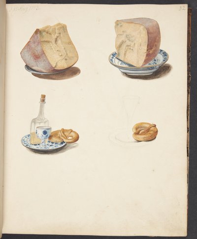 Bodegón con queso, aguardiente y brezel de Johanna Fosie