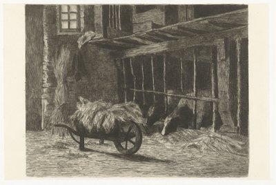 Interior de establo con vacas y carretilla con heno de Johanna Henriëtte Besier