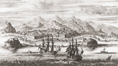 Barcos holandeses frente a Mascate, Omán, en el siglo XVII (grabado) de Johannes (after) Kip