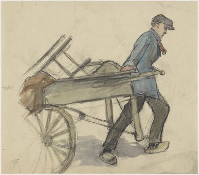Hombre tirando de un carro de mano de Johannes Abraham Mondt