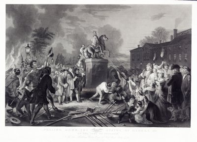 Derribando la estatua de Jorge III por los Hijos de la Libertad, en Bowling Green, Ciudad de Nueva York, julio de 1776, pub. 1875 de Johannes Adam Simon after Oertel