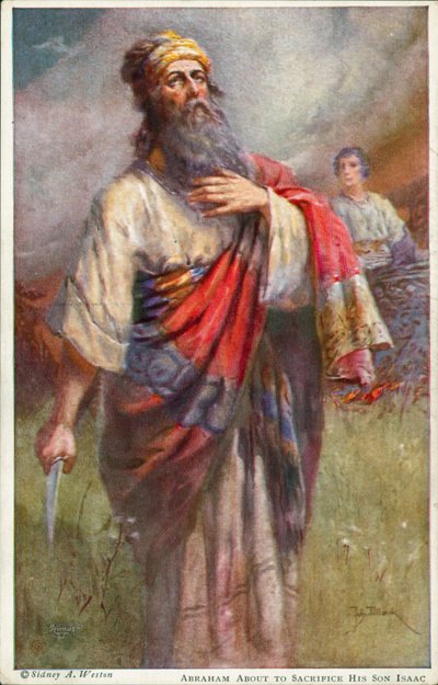Abraham a punto de sacrificar a su hijo Isaac (litografía en color) de Johannes Adolf Tillack