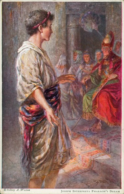 José interpreta el sueño del Faraón, Génesis 41:25 (litografía en color) de Johannes Adolf Tillack