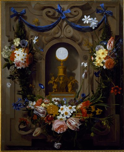 Eucaristía en una corona de flores de Johannes Antonius van der Baren