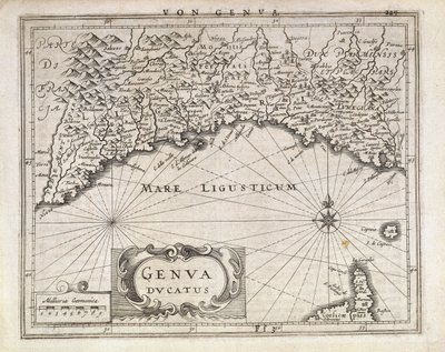 Ducado de Génova, Mapa de Jan Baptist Vrients del atlas alemán, grabado en cobre, mitad del siglo XVII de Johannes Baptista Vrints