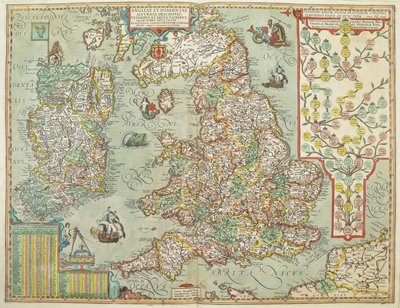 Mapa de Inglaterra e Irlanda dibujado en 1606 (grabado en color) de Johannes Baptista Vrints