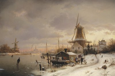 Casa flotante en un río congelado de Johannes Bartolomaus Duntze