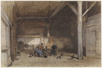 Interior de una granja con dos hombres y una mujer en una mesa, también algunos pollos y gatos de Johannes Bosboom
