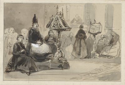 Interior de la iglesia con el obispo y las monjas cantando de Johannes Bosboom
