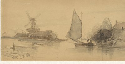 Vista del río con barco de vela de Johannes Bosboom