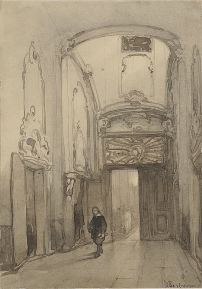 Portal rococó del ayuntamiento de La Haya con un hombre vestido del siglo XVII de Johannes Bosboom