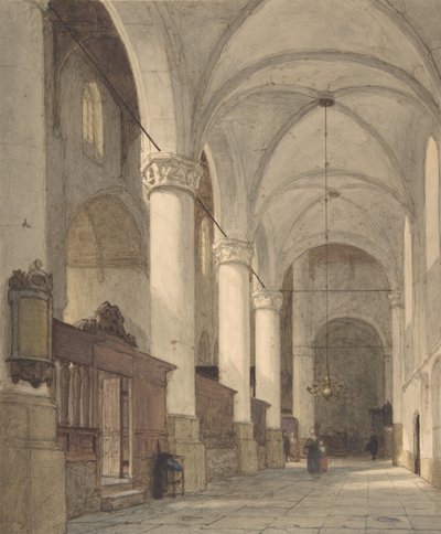 Pasillo lateral abovedado de una iglesia, con figuras de Johannes Bosboom