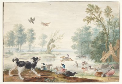 Un perro y patos junto al lago de Johannes Bronckhorst