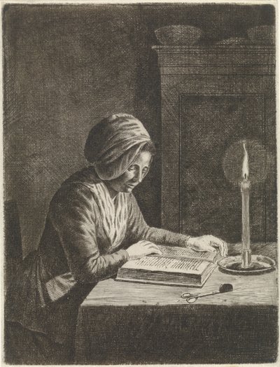 cuarto oscuro con mujer leyendo de Johannes Christiaan Janson
