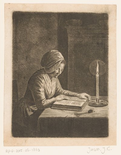 Habitación oscura con mujer lectora de Johannes Christiaan Janson