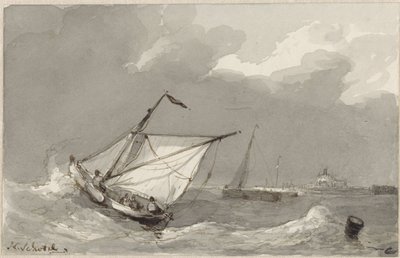 Barco de pesca en un mar agitado, con un pueblo en la distancia de Johannes Christiaan Schotel