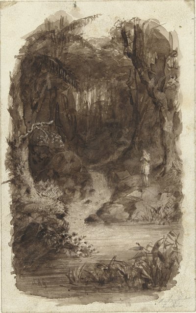 Hombre en la selva tropical, de pie junto al agua de Johannes Christiaan d