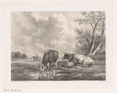 Dos vacas y ovejas junto al agua. de Johannes Christiaan d