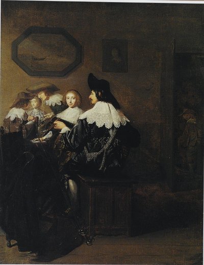 Compañía con un hombre tocando el laúd, sentado a una mesa de Johannes Cornelisz Verspronck