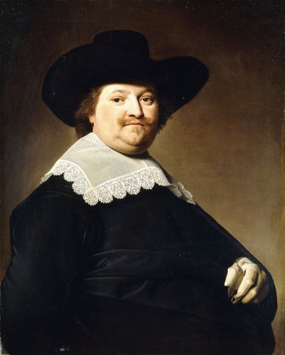 Retrato de un caballero, medio cuerpo, con un traje negro con un collar de encaje blanco y un sombrero negro de Johannes Cornelisz. Verspronck