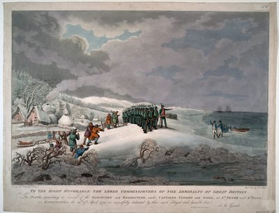 Llegada del Resolution y del Discovery a la costa este de Kamchatka bajo los capitanes Charles Clerke (1740-1779) y John Gore (mort en 1790) - Eckstein, Johannes (1735-1817) - 1779 - Aguatinta - 51x65,8 - Colección privada de Johannes Eckstein