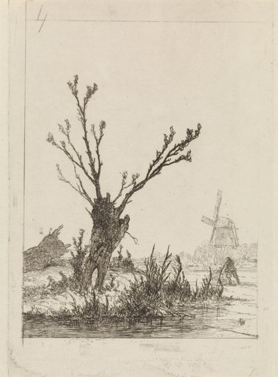 Patinador con trineo cerca de un sauce desmochado de Johannes Franciscus Hoppenbrouwers