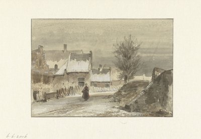 Escena invernal con una mujer de pie sobre el hielo de Johannes Franciscus Hoppenbrouwers