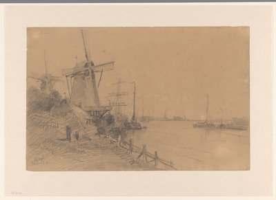 Molinos de viento cerca de Dordrecht junto al río con barcos de Johannes Gijsbert Vogel