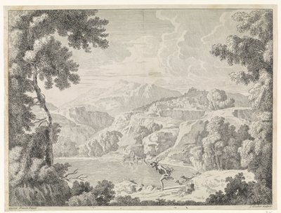 Acteón es convertido en ciervo por el baño de Diana. Paisajes después de Gaspar Poussin (título de la serie) de Johannes Glauber