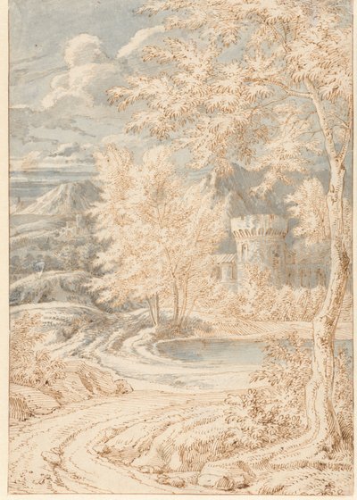 Paisaje montañoso de Arcadia con una torre redonda de Johannes Glauber