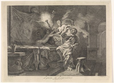 Ceres evita el asesinato de Triptólemo Lyncus y Loup-cervier (título sobre objeto) Representaciones bíblicas, mitológicas y alegóricas (título de serie) de Johannes Glauber