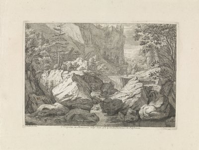vista de una cascada Folleto en Monasterio vulgo dicto La Grande Chartreuse en Delphinatu (título sobre objeto) Paisajes en las montañas de Chartreuzer (título de la serie) de Johannes Glauber