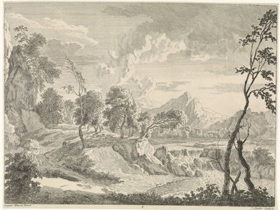 Paisaje montañoso con cascada Paisajes después de Gaspar Poussin (título de la serie) de Johannes Glauber