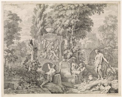 paisaje con fuente y diana y sus ninfas Representaciones bíblicas, mitológicas y alegóricas (título de serie) de Johannes Glauber