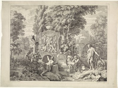 paisaje con fuente y diana y sus ninfas Representaciones bíblicas, mitológicas y alegóricas (título de serie) de Johannes Glauber