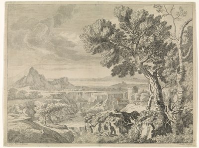Paisaje con barranco y cascada Paisajes después de Gaspar Poussin (título de la serie) de Johannes Glauber