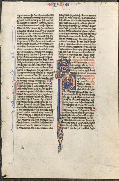 Hoja de una Biblia latina: Inicial P con San Pablo sosteniendo una espada..., c. 1250 de Johannes Grusch Atelier
