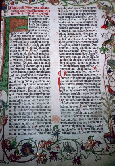 Una página de la Biblia de Gutenberg, siglo XV de Johannes Gutenberg
